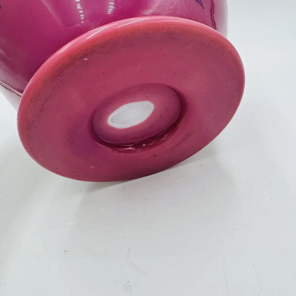 Victorian Aesthetic Pink Opaline Glass Vase Roosters Fighting Daisies Large Rare